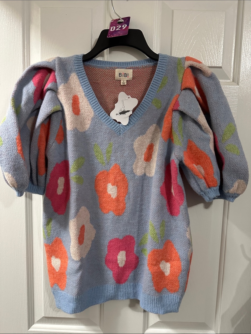 BiBi Light Blue V-Neck Puff Sleeve Floral Sweater